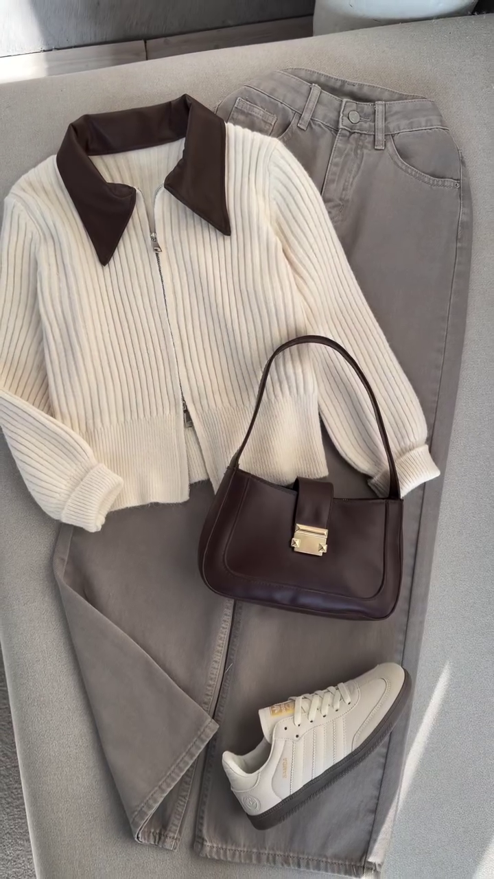 🤎 Chic Contrast Collar Ribbed Cardigan | Cozy Luxe Collection | XXS–XXL ✨