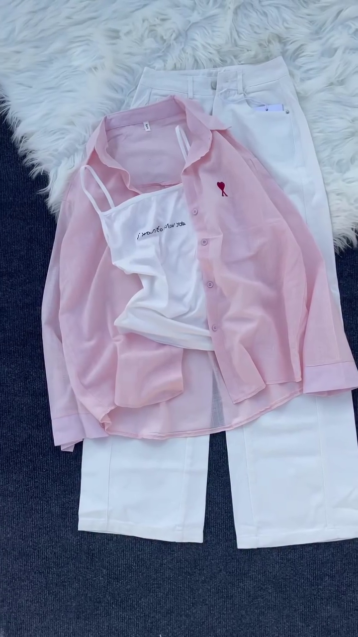 🌸 Blush Chic Layered Summer Set – Pink Shirt, Camisole & Wide-Leg Pants Outfit ✨👚
