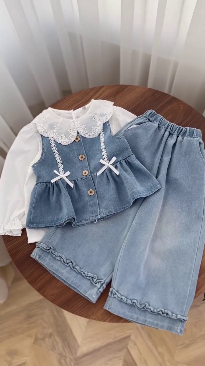 💙 Sweet Denim Lace Three-Piece Outfit Set – Elegant Casual Kids Fashion ✨👗