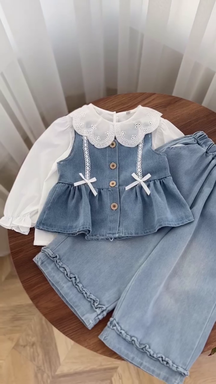 💙 Sweet Denim Lace Three-Piece Outfit Set – Elegant Casual Kids Fashion ✨👗