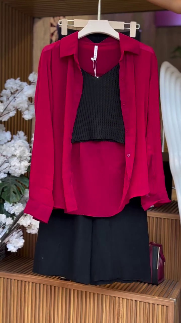 ❤️ Ruby Chic Layered 3-Piece Outfit – Red Shirt, Black Crop Top & Skirt Set ✨👚🖤