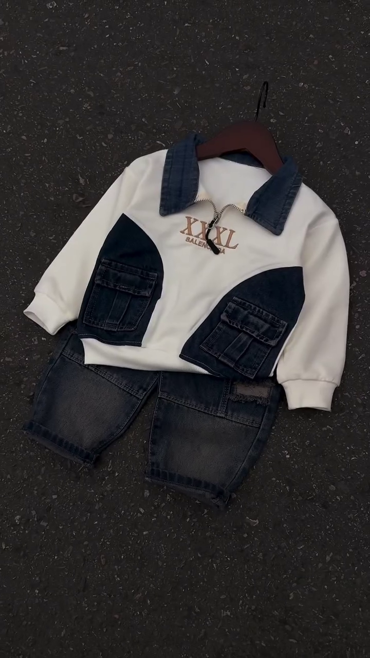 🧥 Urban Denim Patch Sweatshirt – Trendy Street Kids Collection