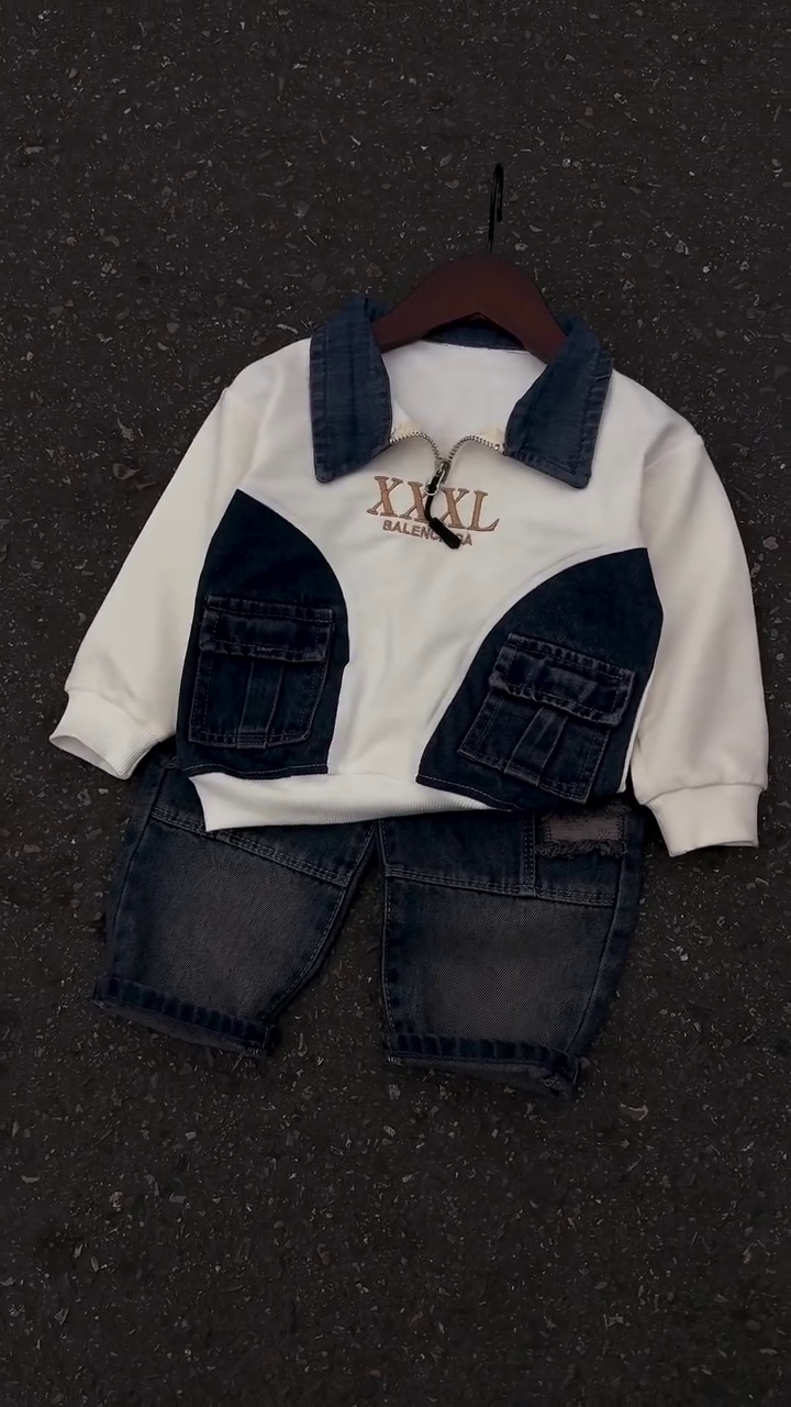 🧥 Urban Denim Patch Sweatshirt – Trendy Street Kids Collection