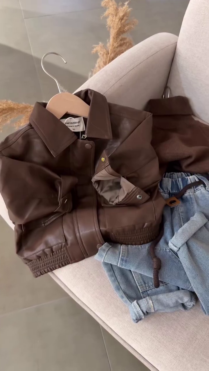 🤎 Urban Explorer 3-Piece Kids Outfit – Leather Jacket Street Style Set