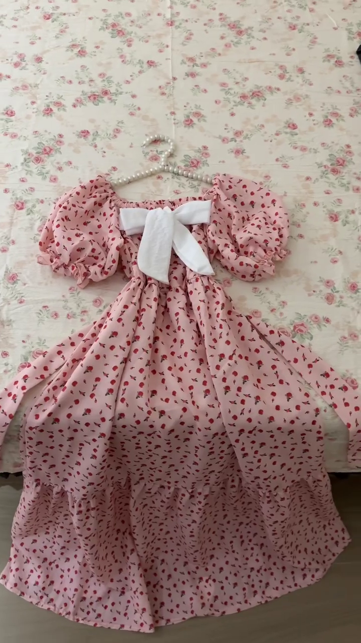🍓 Blush Berry Puff Sleeve Dress – Sweet Bow Cottagecore Dream 🍓