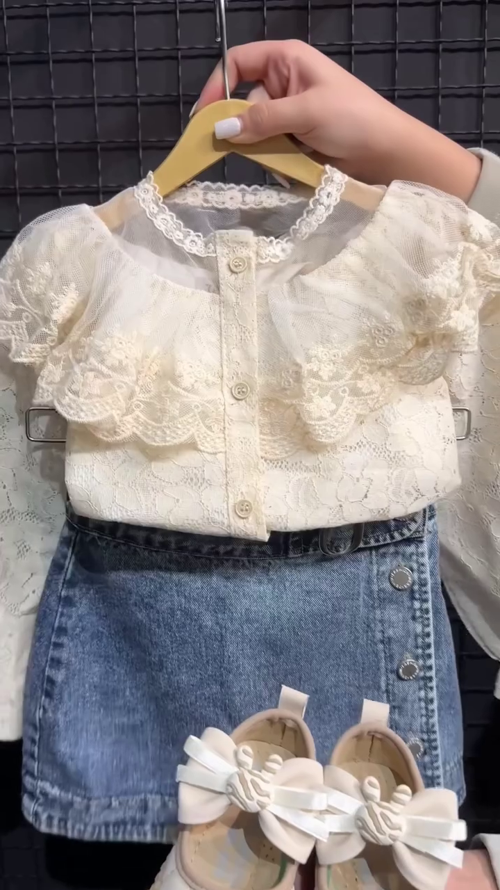 🤍 Vintage Lace Princess Top & Denim Skirt Set – Chic Little Fashionista Outfit 🤍