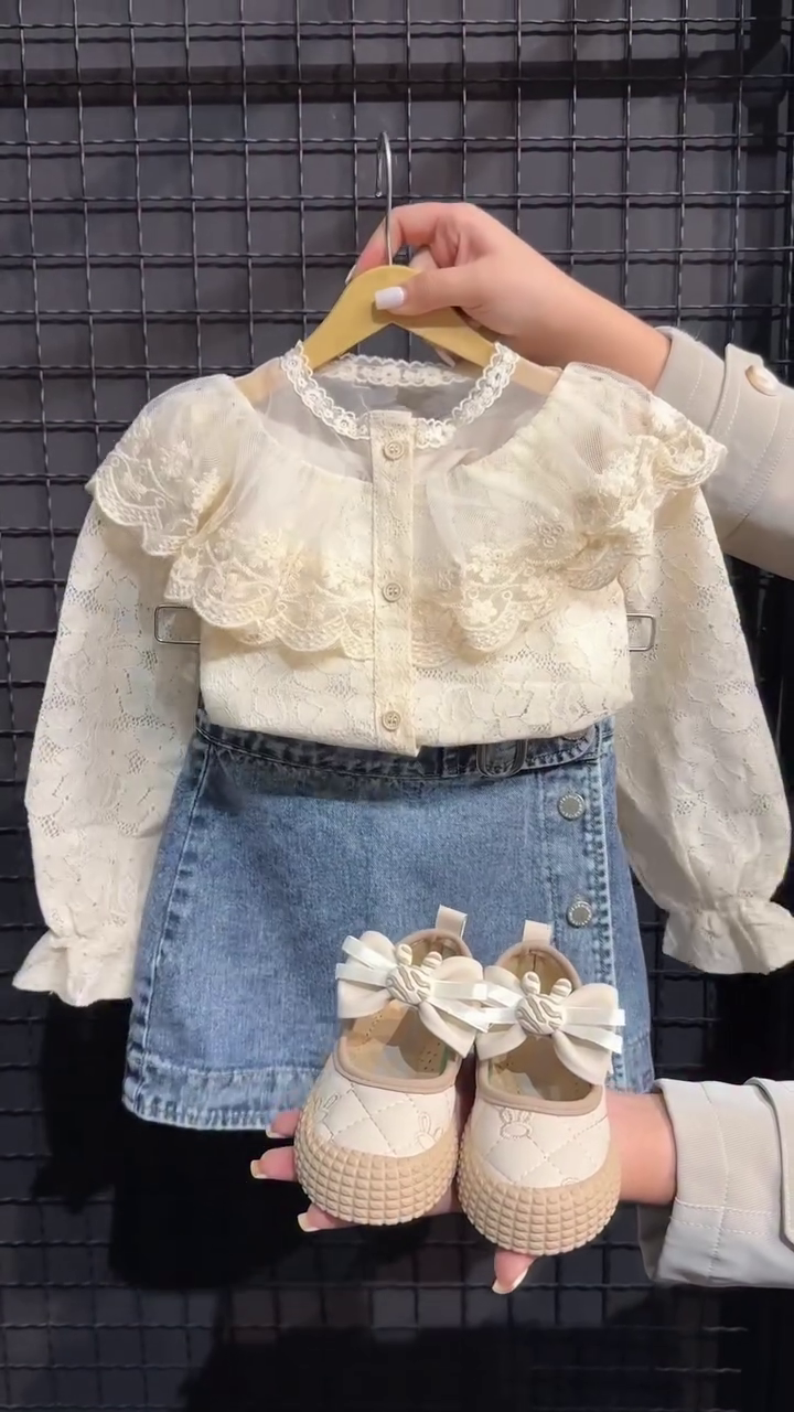 🤍 Vintage Lace Princess Top & Denim Skirt Set – Chic Little Fashionista Outfit 🤍