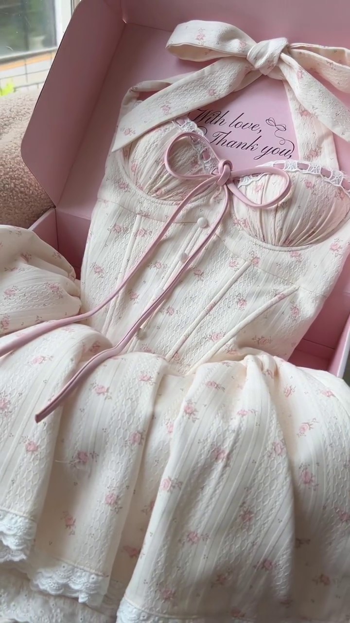 🌸 Blush Romance Corset Dress – Vintage Floral Soft Girl Dream 🌸