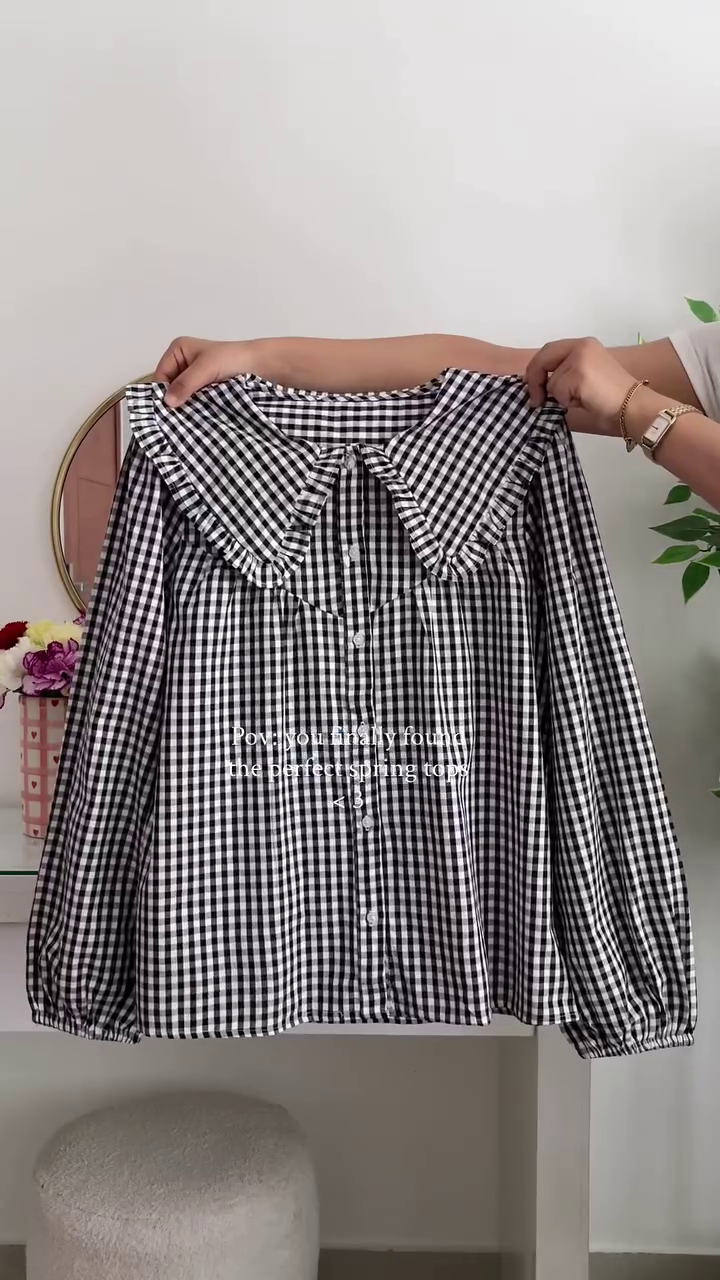 🖤 Classic Chic Gingham Frill Collar Blouse – Timeless Elegance with a Cute Twist 🖤✨