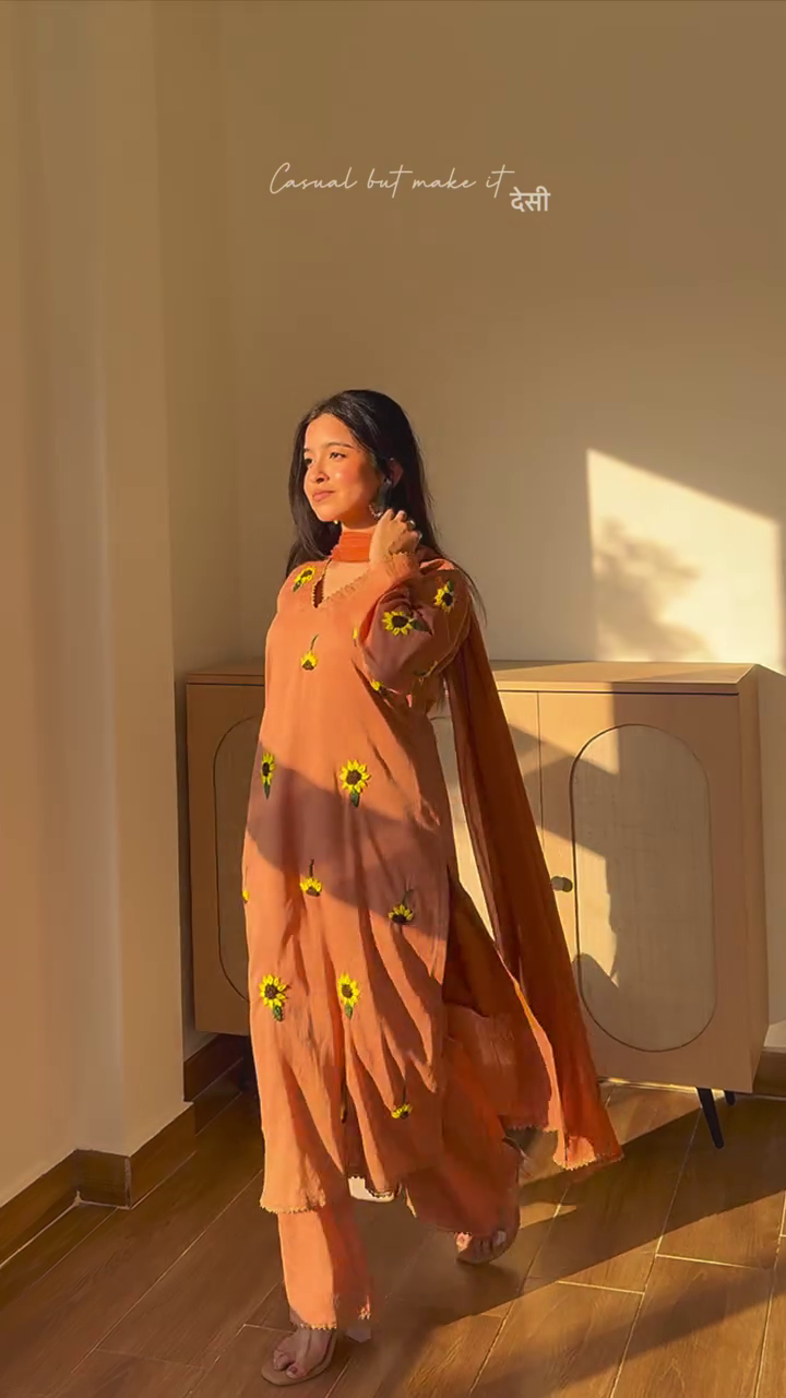 🌻 Rustic Sunflower Embroidered Kurta Set – Casual Desi Elegance with a Modern Twist 🍂✨