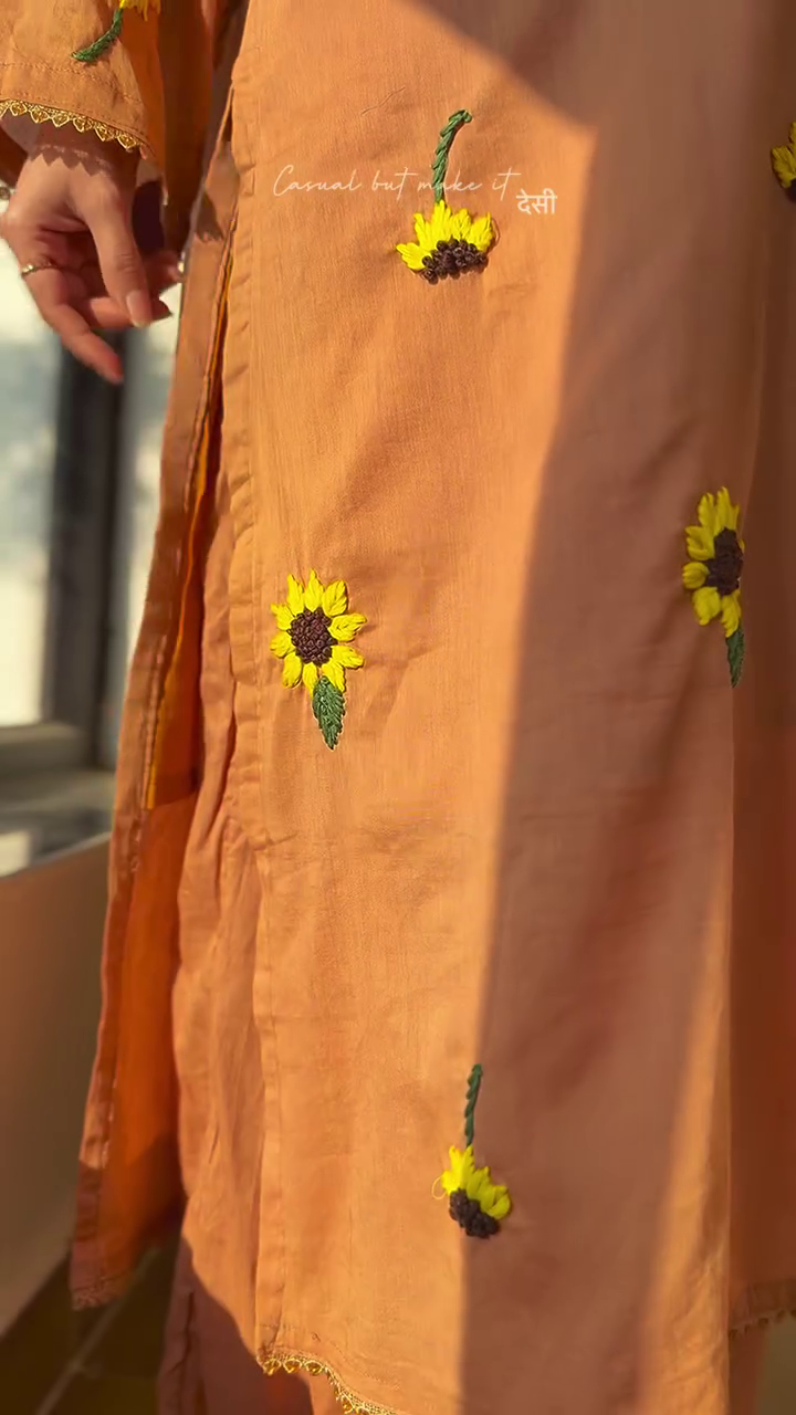 🌻 Rustic Sunflower Embroidered Kurta Set – Casual Desi Elegance with a Modern Twist 🍂✨