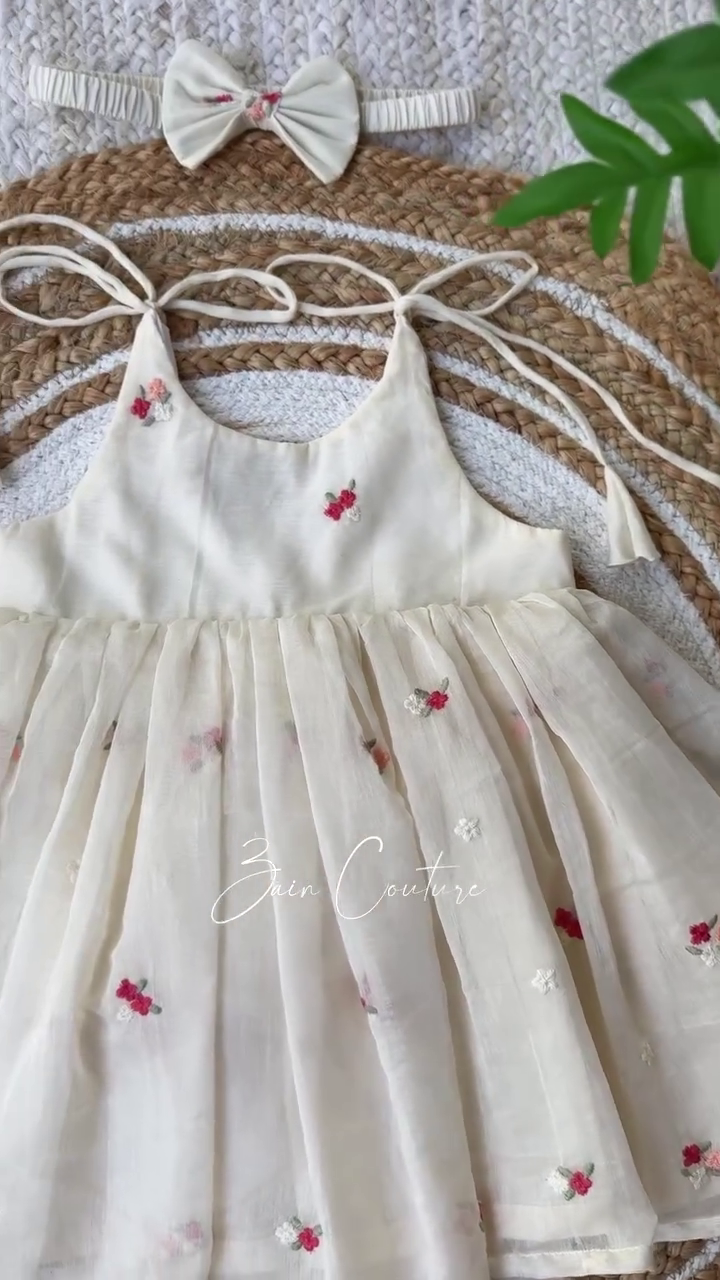 🤍 Cherry Blossom Whisper Dress – Soft Embroidered Baby Doll Dress with Bow Headband 🍒✨