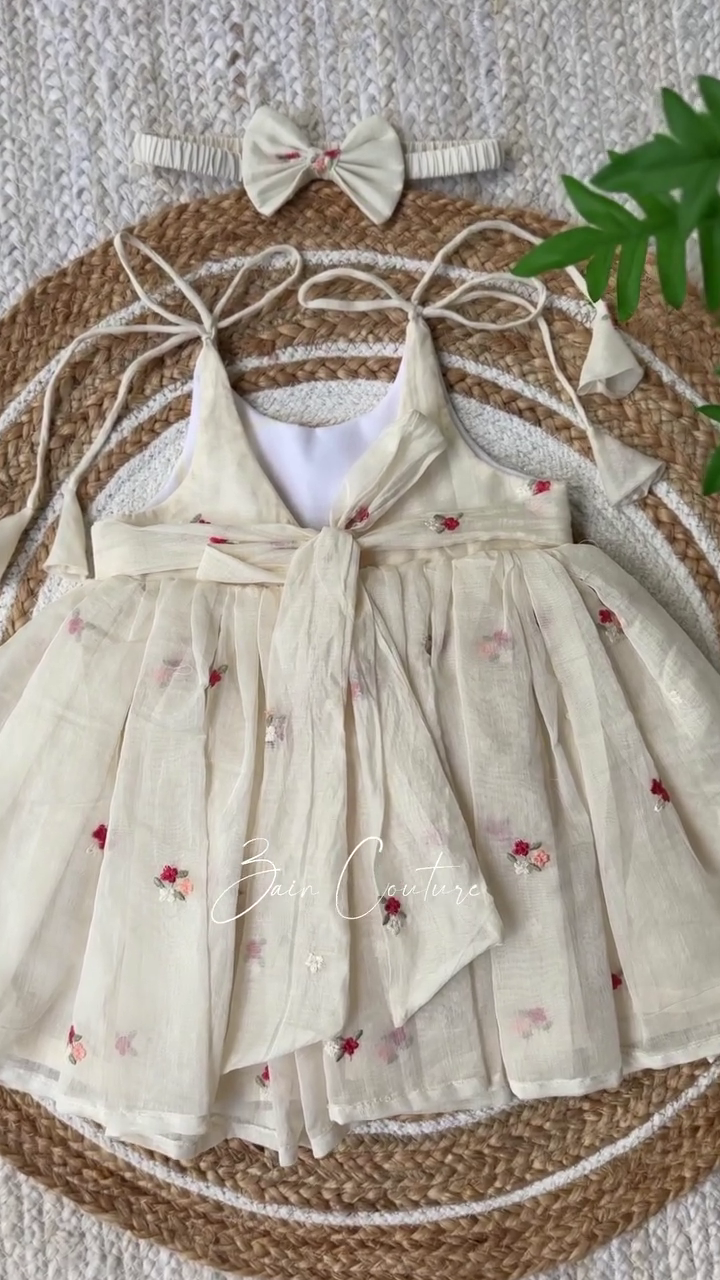 🤍 Cherry Blossom Whisper Dress – Soft Embroidered Baby Doll Dress with Bow Headband 🍒✨