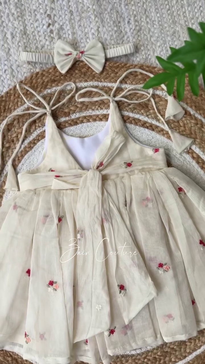 🤍 Cherry Blossom Whisper Dress – Soft Embroidered Baby Doll Dress with Bow Headband 🍒✨