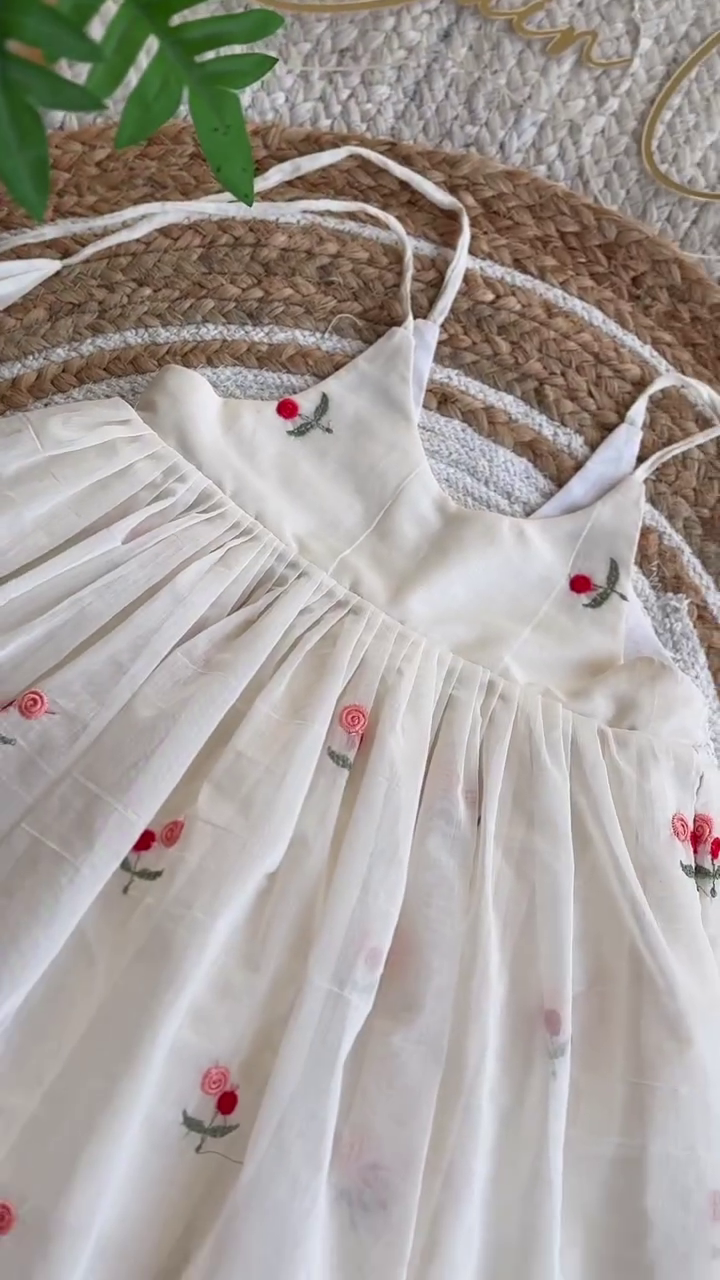 🤍 Little Rose Garden Dress – Delicate Embroidered Baby Doll Dress with Tie-Up Straps 🌹✨