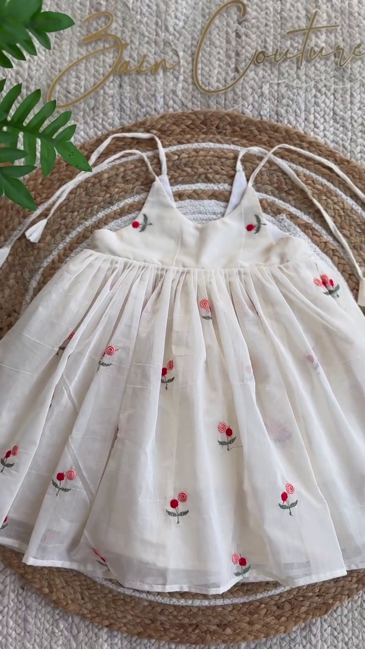 🤍 Little Rose Garden Dress – Delicate Embroidered Baby Doll Dress with Tie-Up Straps 🌹✨