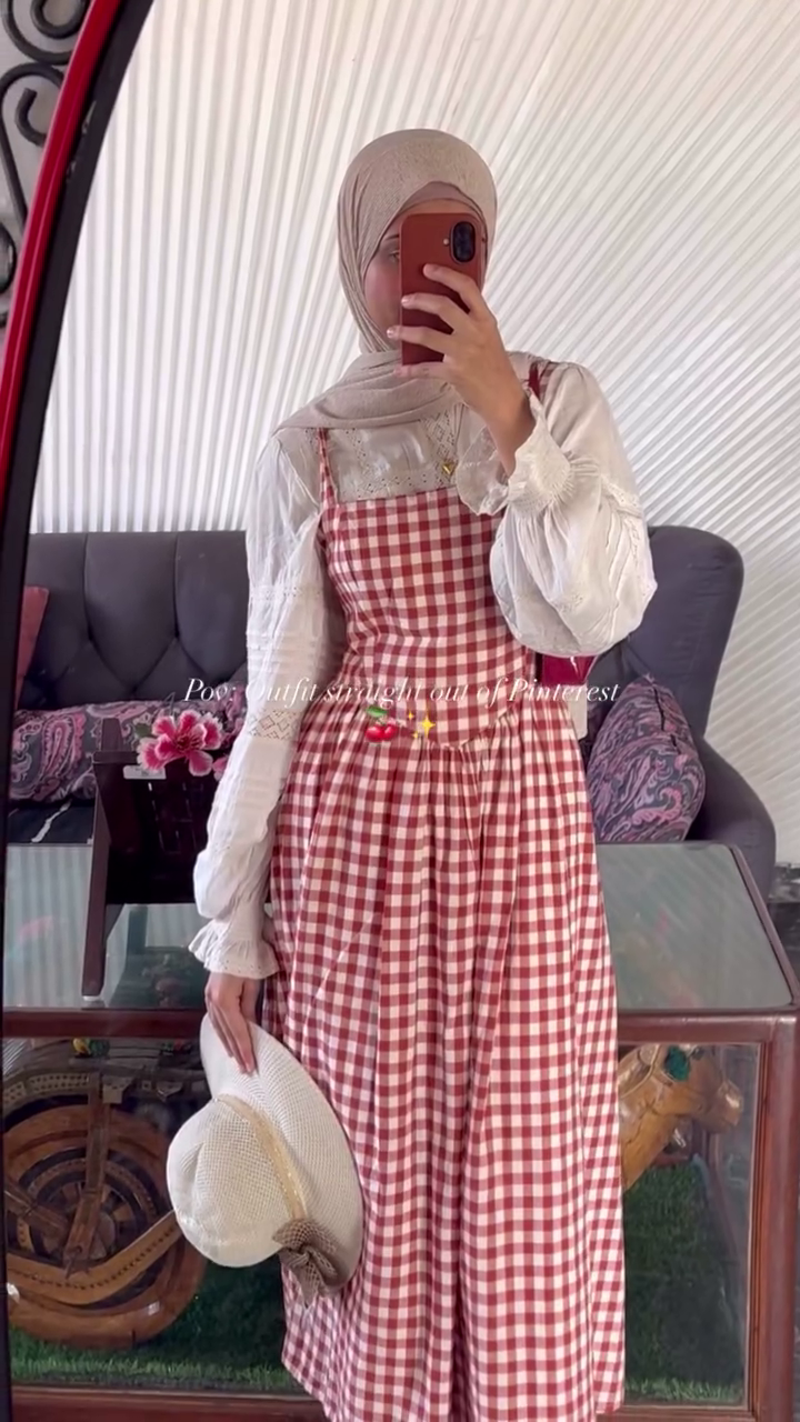 🍓 Vintage Gingham Charm Midi Dress – Cottagecore Layered Outfit 🌿❤️