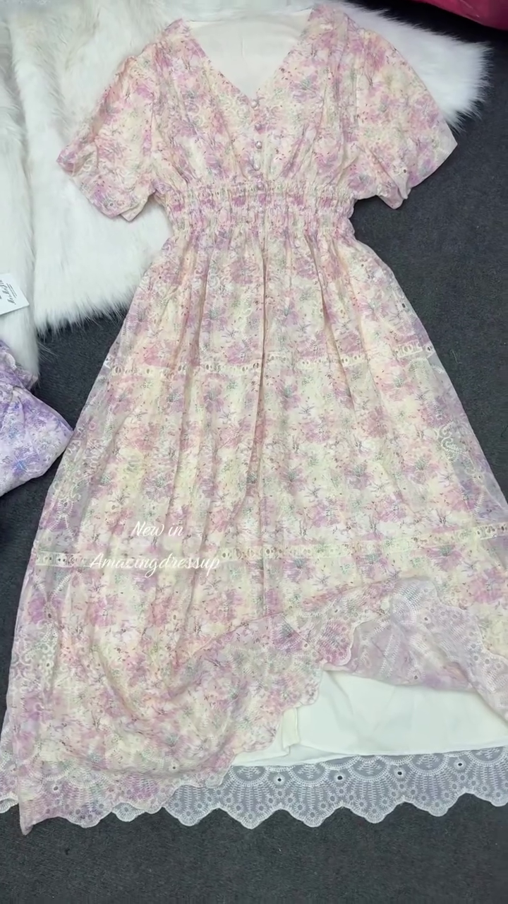 🌸 Pastel Garden Dream Maxi Dress – Soft Floral Lace Summer Dress 🌿✨