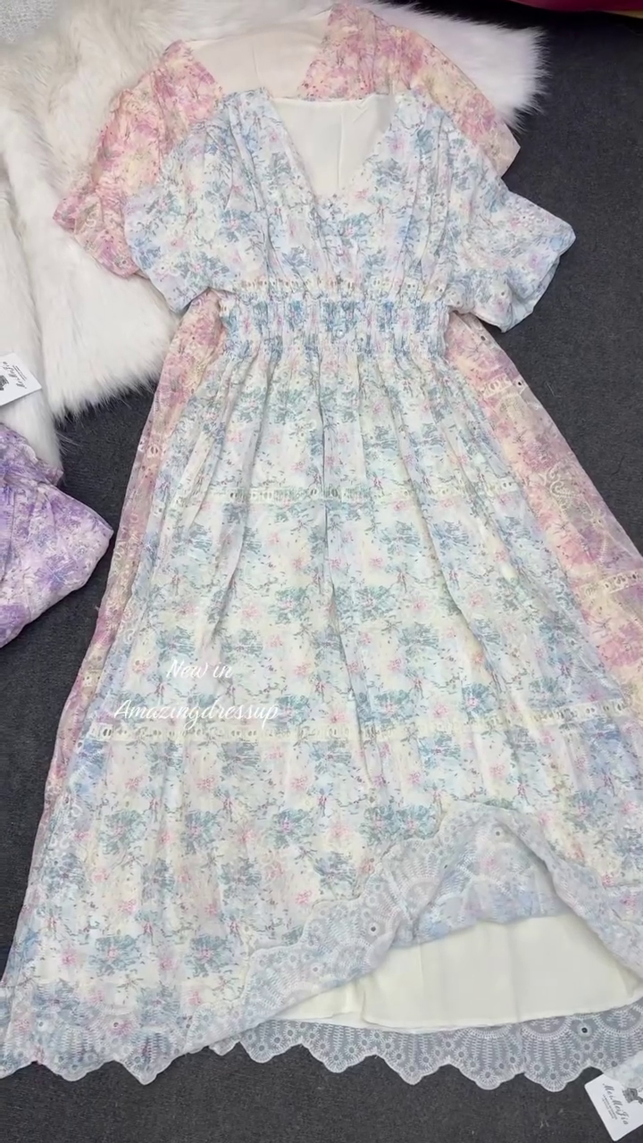 🌸 Pastel Garden Dream Maxi Dress – Soft Floral Lace Summer Dress 🌿✨