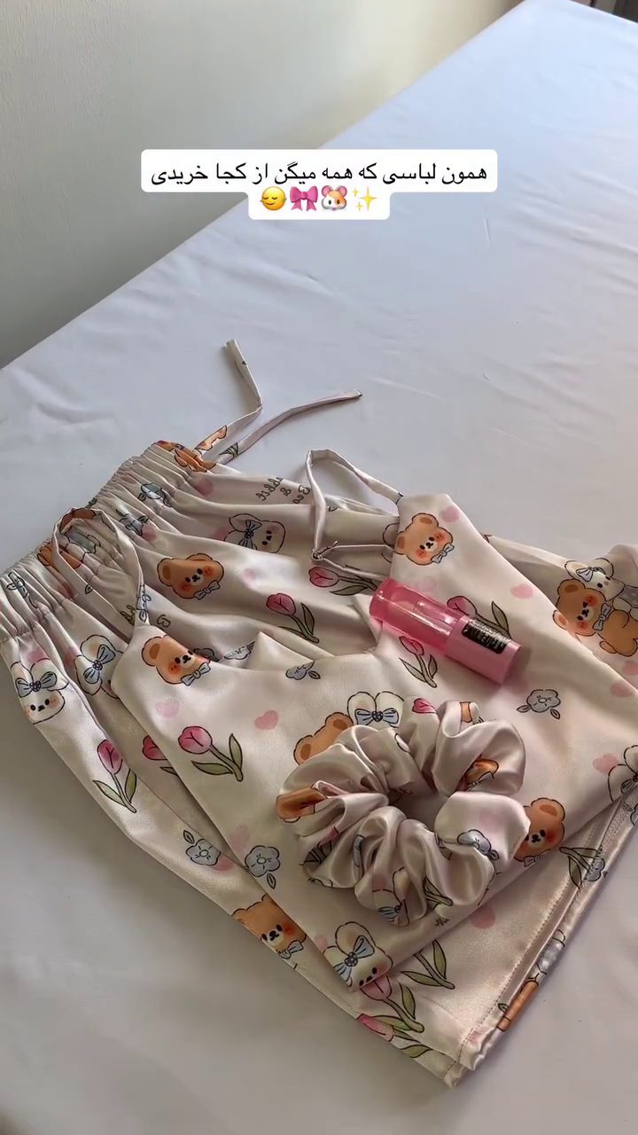 🧸 Teddy Love Lounge Set – Cute Printed Cami & Shorts with Scrunchie 💕✨