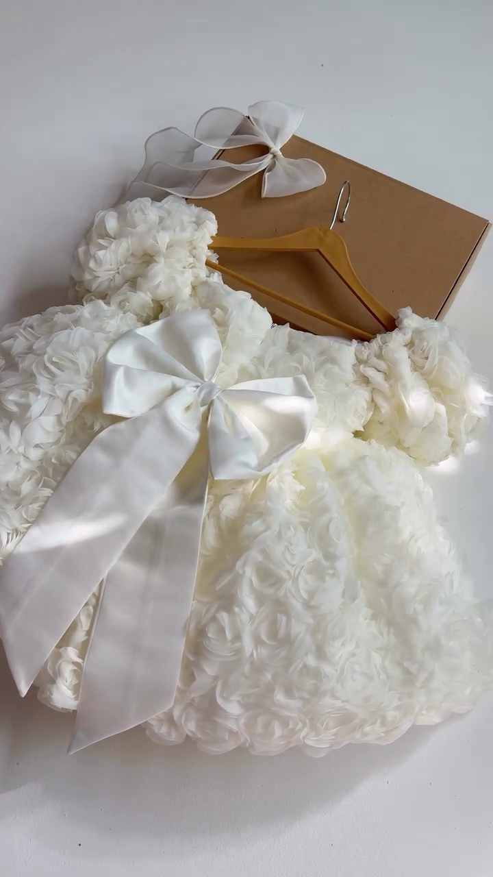 🤍 Rosette Princess Bow Dress – Luxe Floral Party Outfit ✨🎀