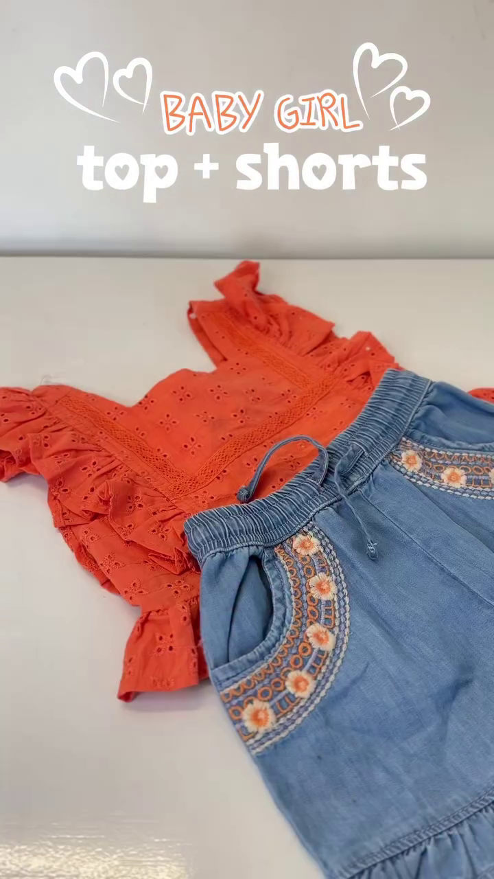 🌼 Baby Girl Chic Co-Ord Set – Ruffle Top & Embroidered Shorts 💕✨