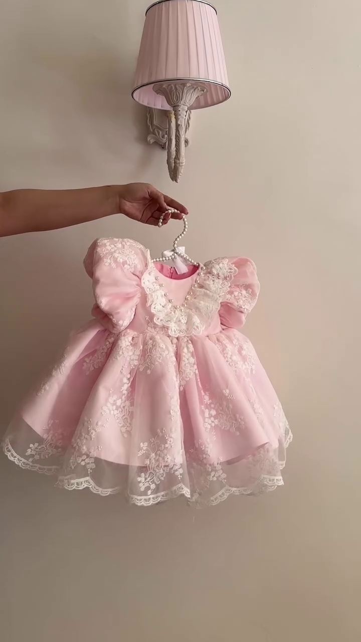 🎀 Royal Blush Princess Lace Dress – Luxury Baby Girl Party Dress 👑💗✨