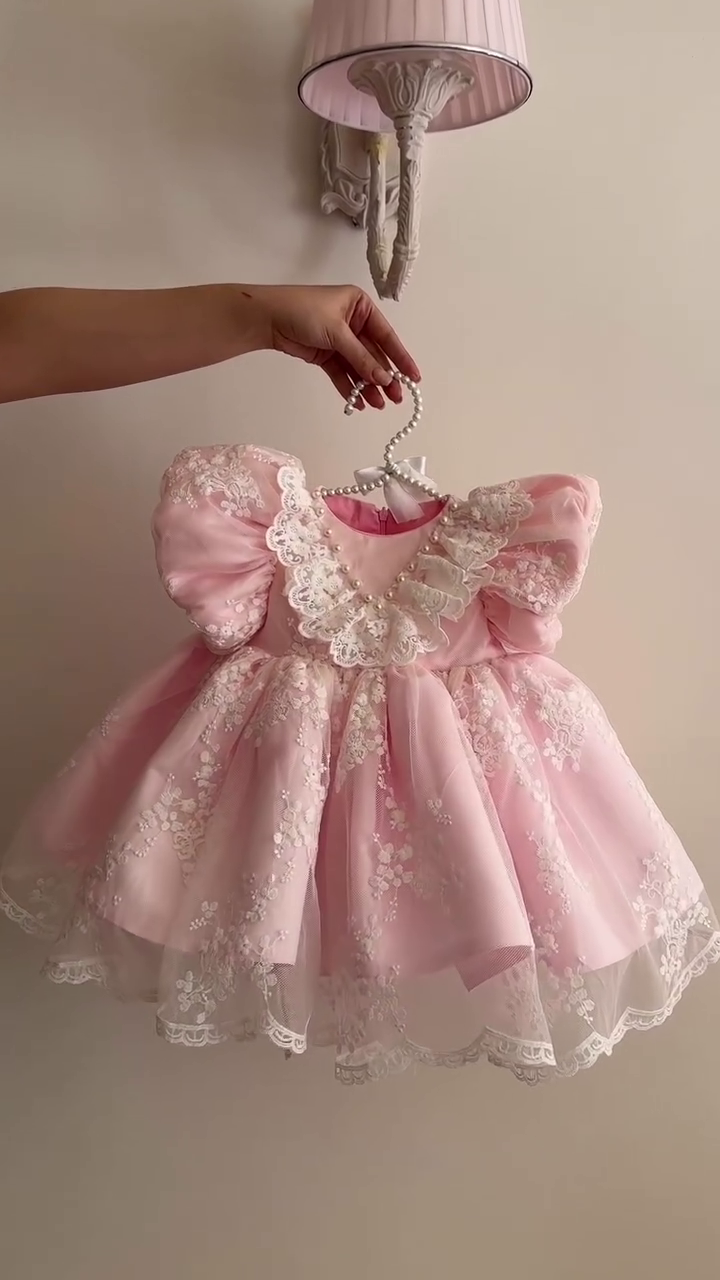 🎀 Royal Blush Princess Lace Dress – Luxury Baby Girl Party Dress 👑💗✨