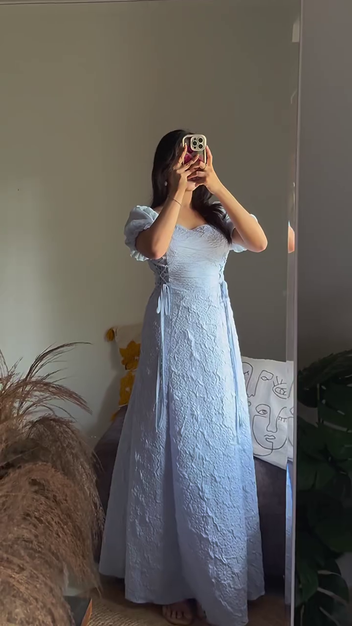 ❤️ Royal Crimson Textured Maxi Dress – Elegant Puff Sleeve Evening Gown ✨👗