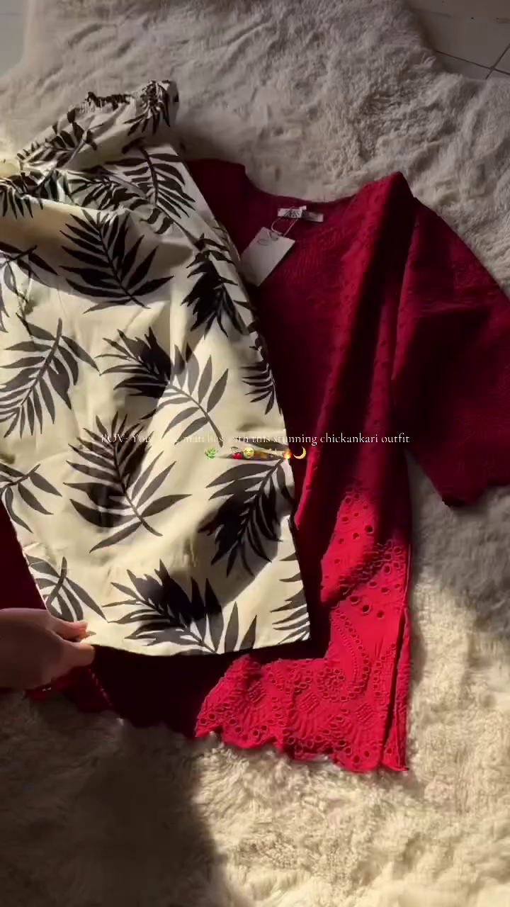 ❤️ Scarlet Chic Co-Ord Set – Embroidered Kurti with Printed Bottom ✨🌿👗