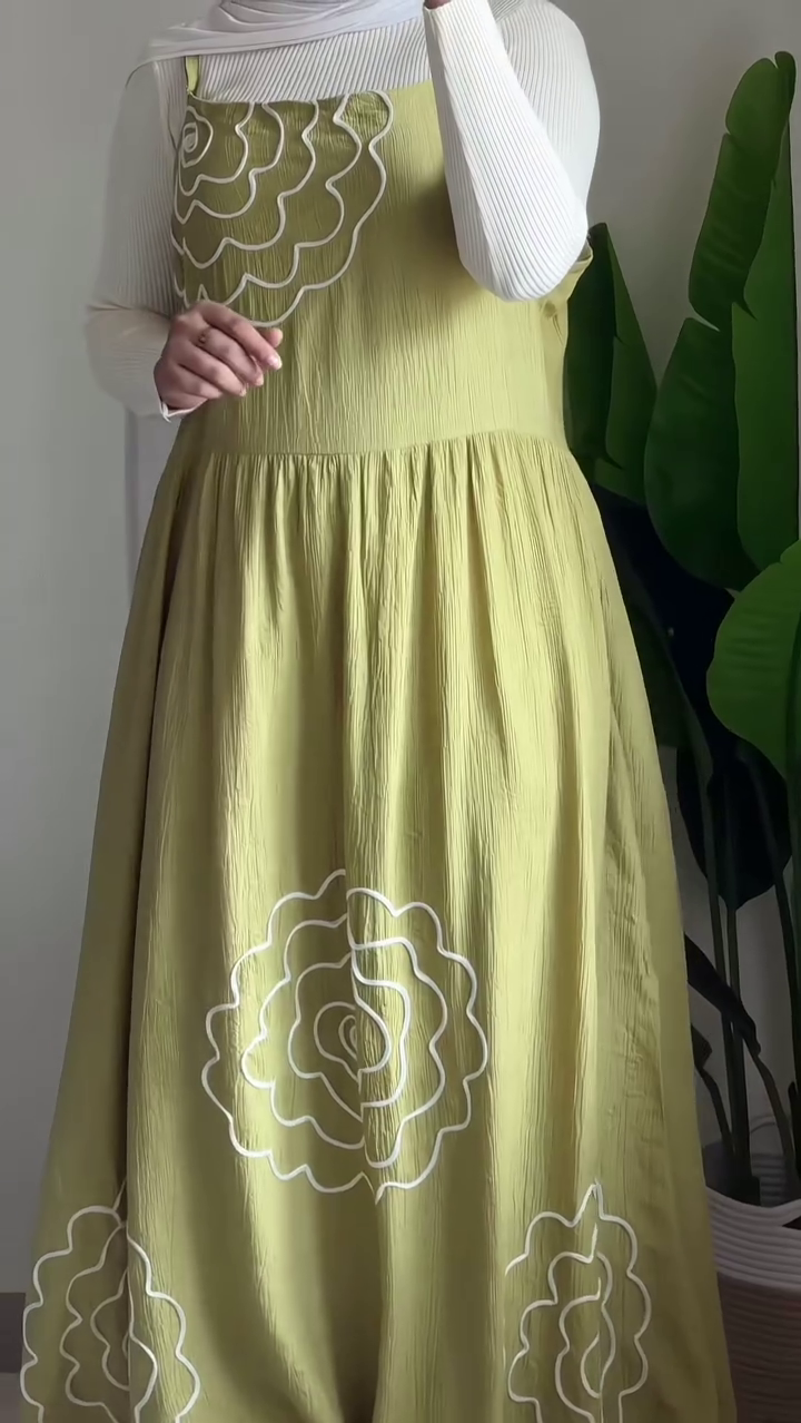 Olive Bloom Layered Maxi Dress 🌿 | Elegant Embroidered Pinafore Style Dress