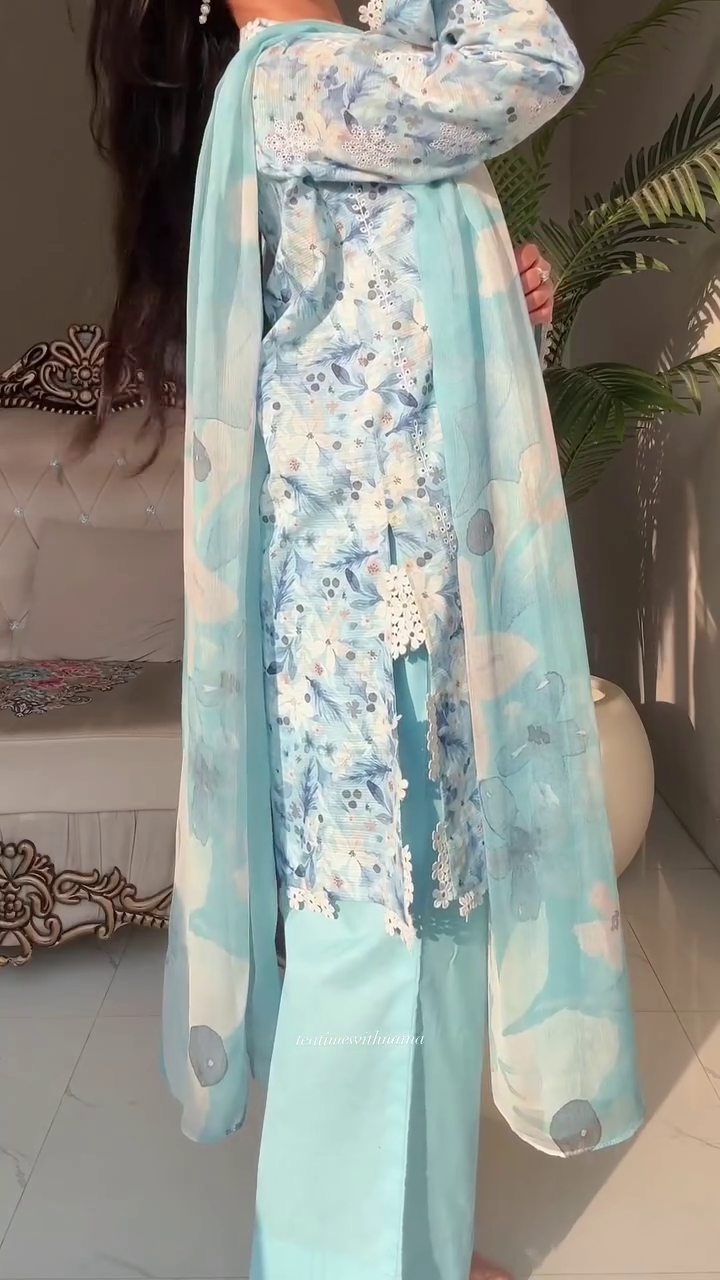 Sky Bloom Ethnic Co-Ord Set 🌸 | Elegant Printed Kurta, Palazzo & Dupatta Set