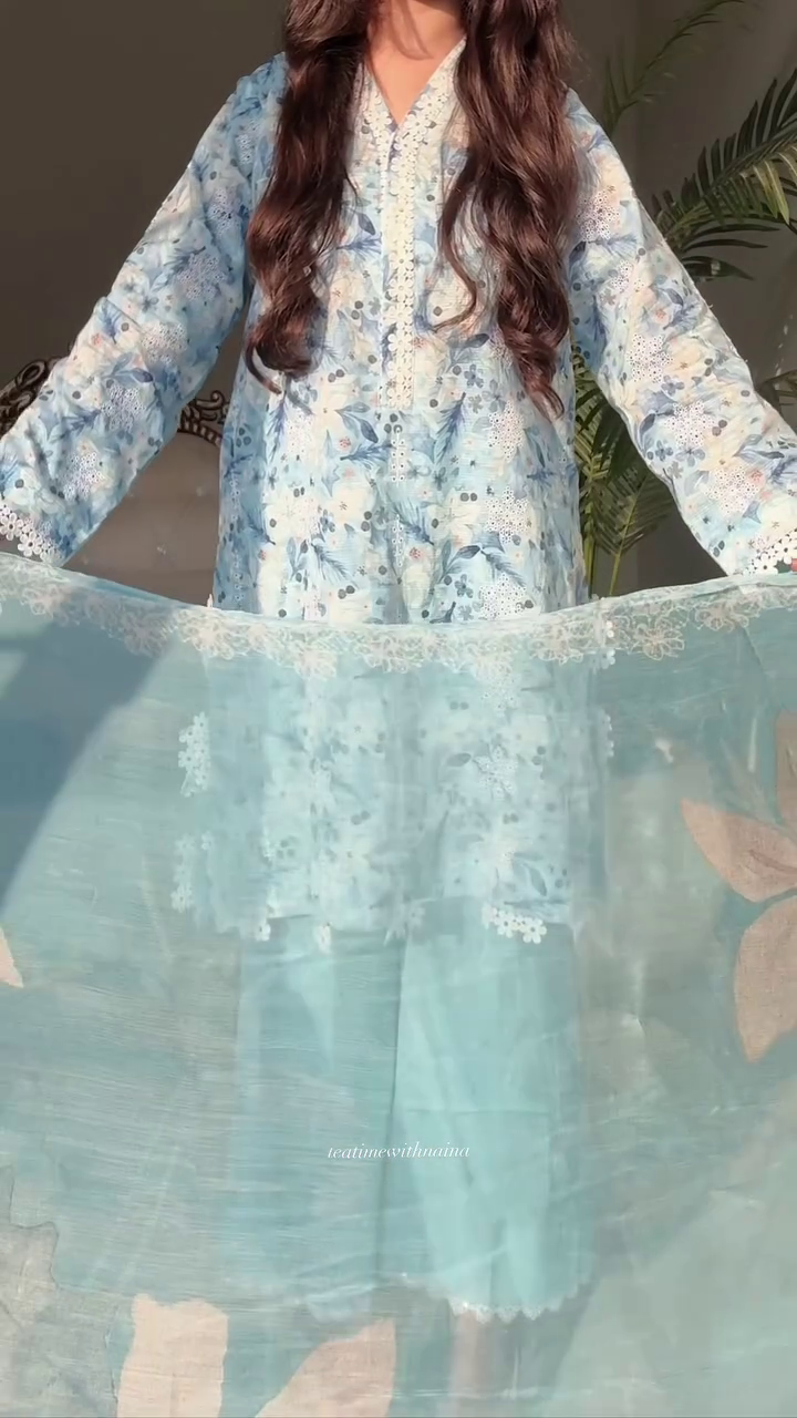 Sky Bloom Ethnic Co-Ord Set 🌸 | Elegant Printed Kurta, Palazzo & Dupatta Set