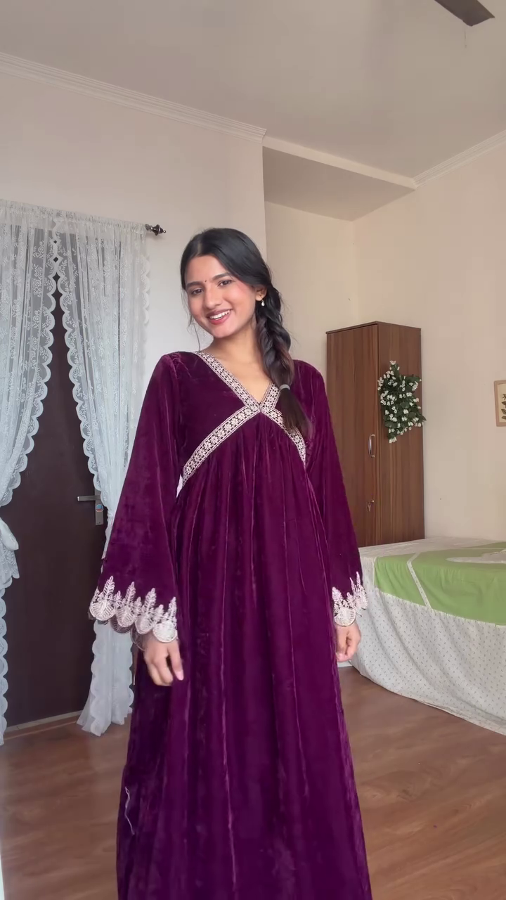 Royal Plum Velvet Maxi Dress ✨ | Elegant Embroidered Flowy Festive Gown