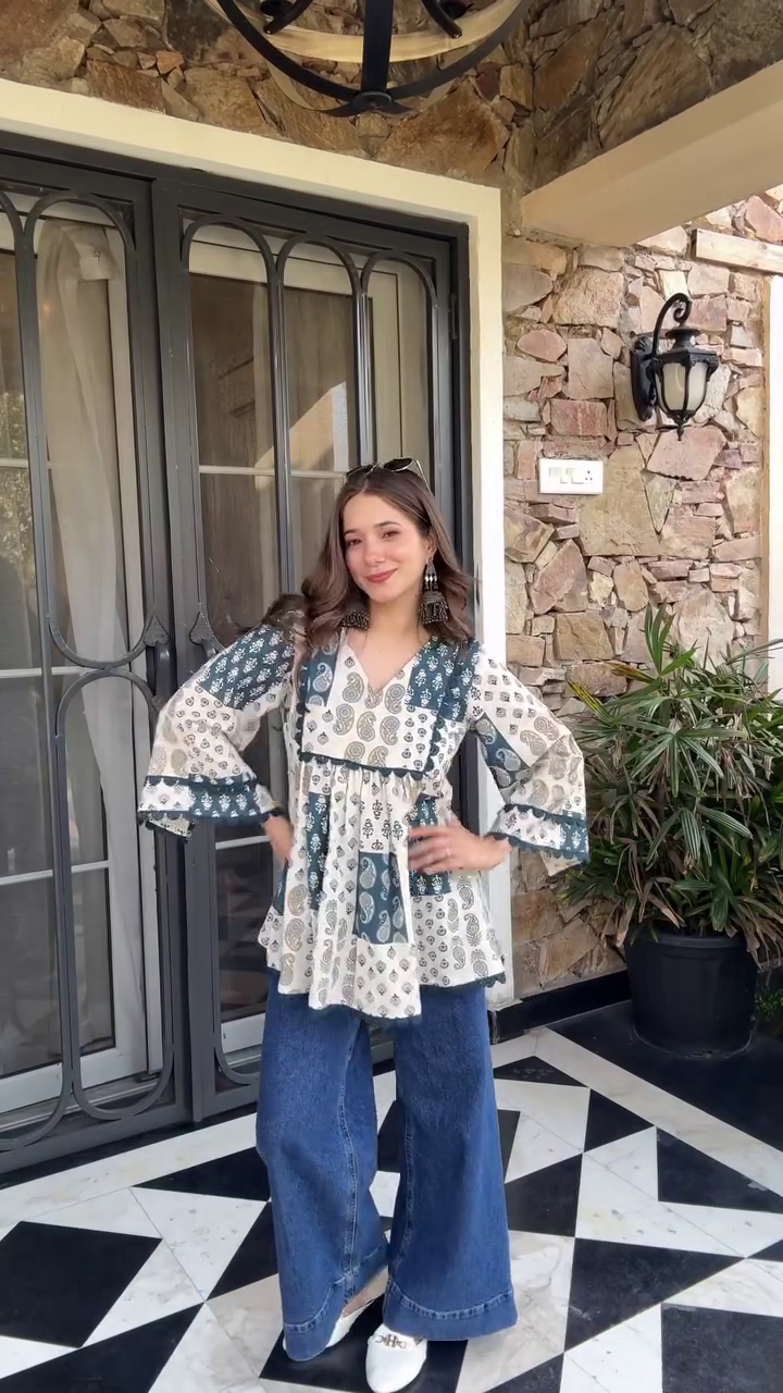 Boho Breeze Printed Peplum Top ✨ | Chic Ethnic Fusion Short Kurti