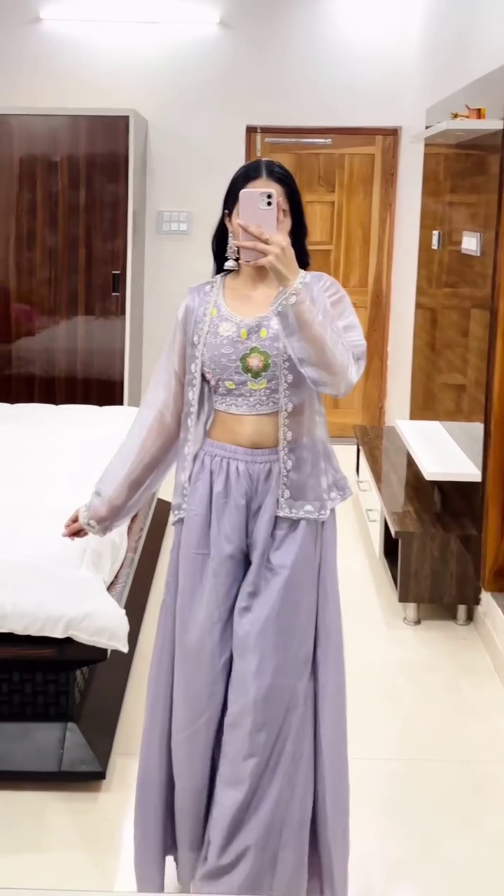 Lilac Luxe 3-Piece Co-Ord Set ✨ | Embroidered Crop Top, Palazzo & Sheer Jacket