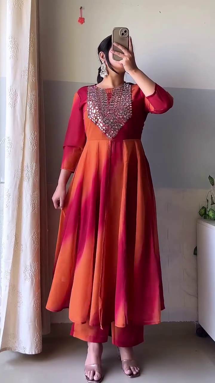 Sunset Radiance Anarkali Set ✨ | Ombre Festive Dress with Embroidered Yoke