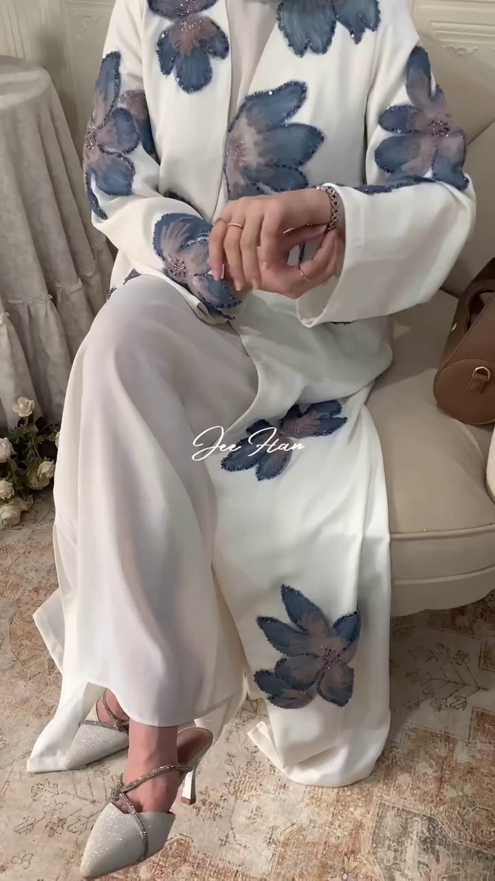 Ivory Bloom Luxury 3-Piece Set ✨ | Embroidered Abaya, Inner & Pants