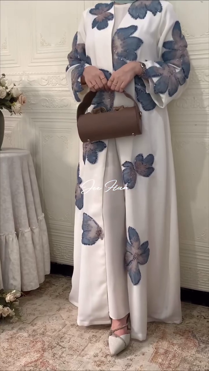 Ivory Bloom Luxury 3-Piece Set ✨ | Embroidered Abaya, Inner & Pants