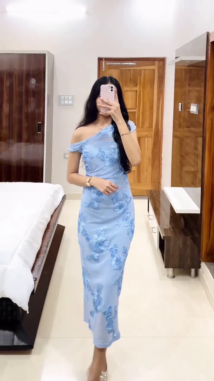 Sky Blue One-Shoulder Elegance Dress ✨ | Embroidered Bodycon Evening Gown