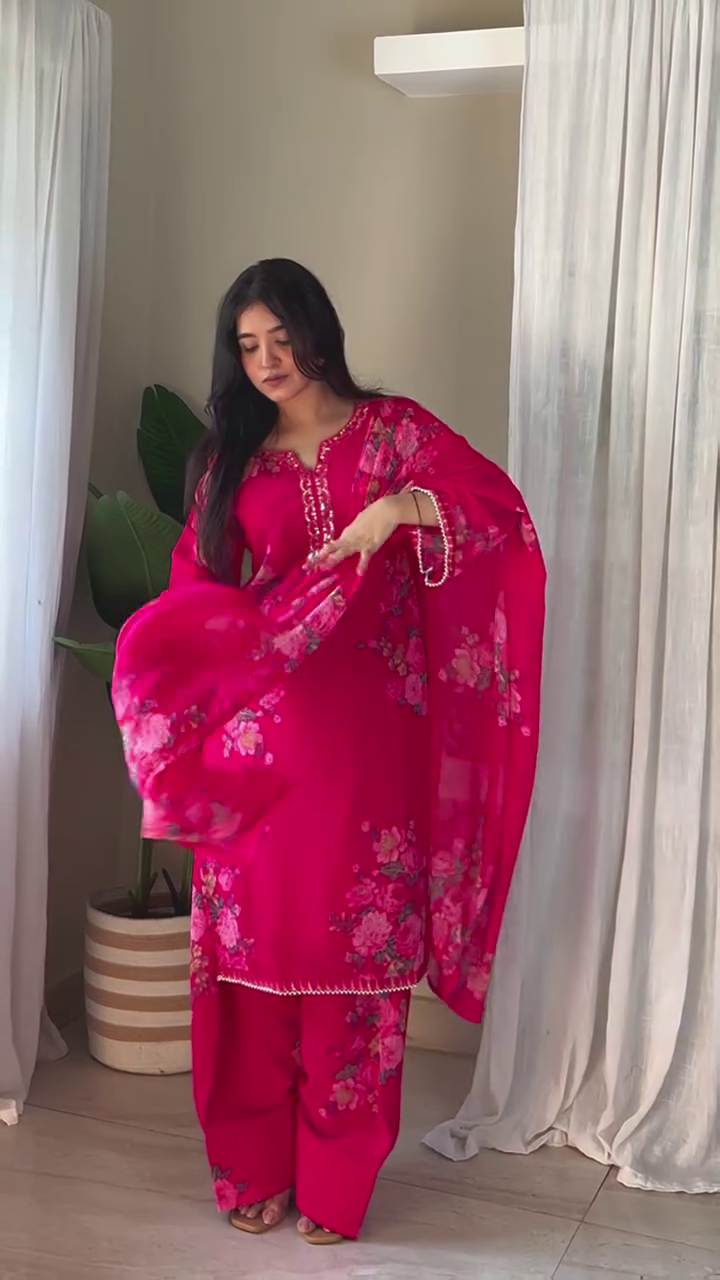 Crimson Bloom Embroidered Suit Set ✨ | Elegant Floral Festive Co-ord with Dupatta