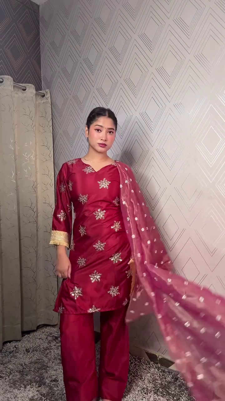 Royal Wine Grace Suit Set 🍷✨ | Embroidered Kurta, Palazzo & Dupatta Ensemble