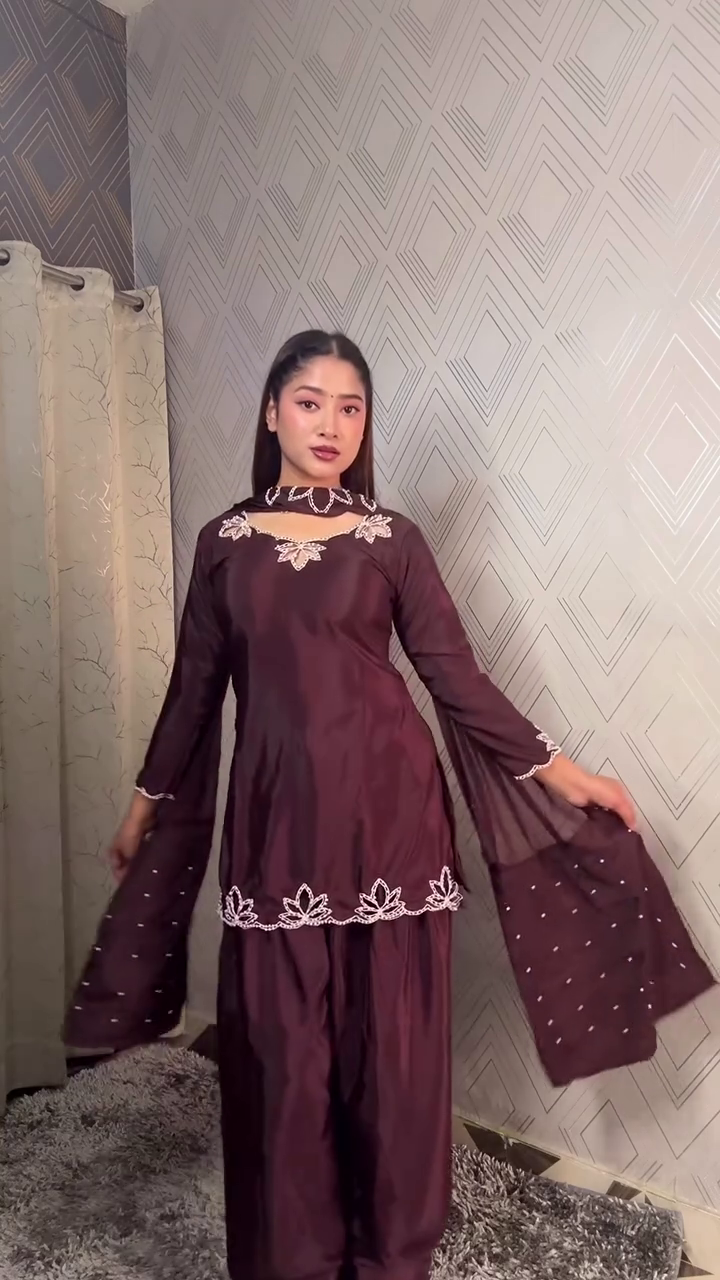 Royal Wine Grace Suit Set 🍷✨ | Embroidered Kurta, Palazzo & Dupatta Ensemble