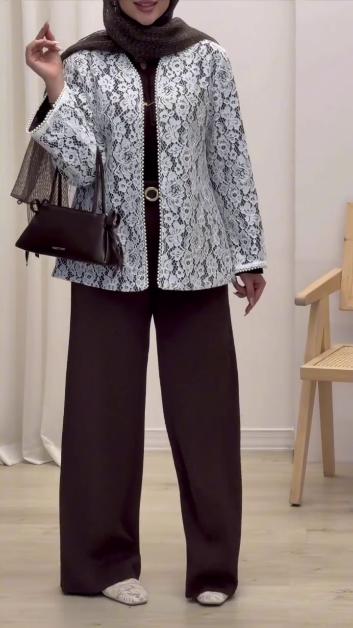 Pearl Frost Elegance Set 🤍✨ | Lace Embroidered Tunic & Wide-Leg Pants Coord