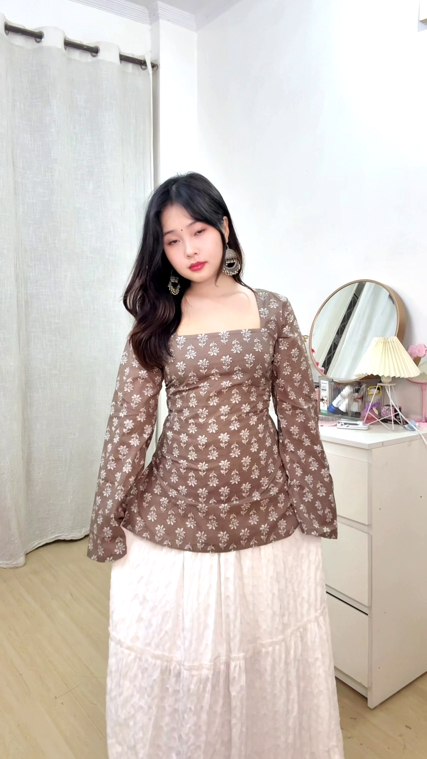 🤎 Cocoa Chic Peplum Top & Ivory Skirt Set – Minimal Elegance Redefined 🤎