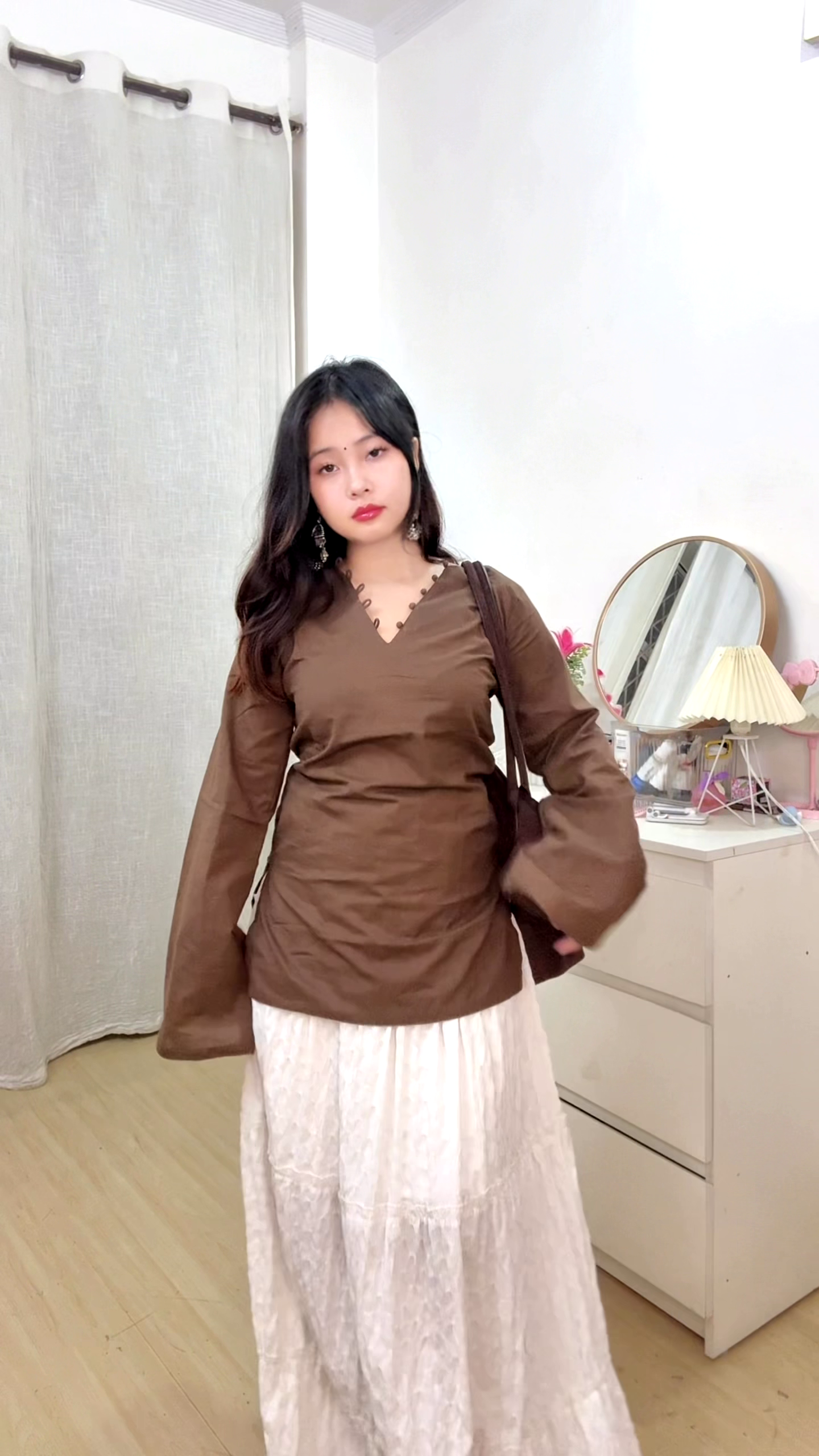 🤎 Cocoa Chic Peplum Top & Ivory Skirt Set – Minimal Elegance Redefined 🤎